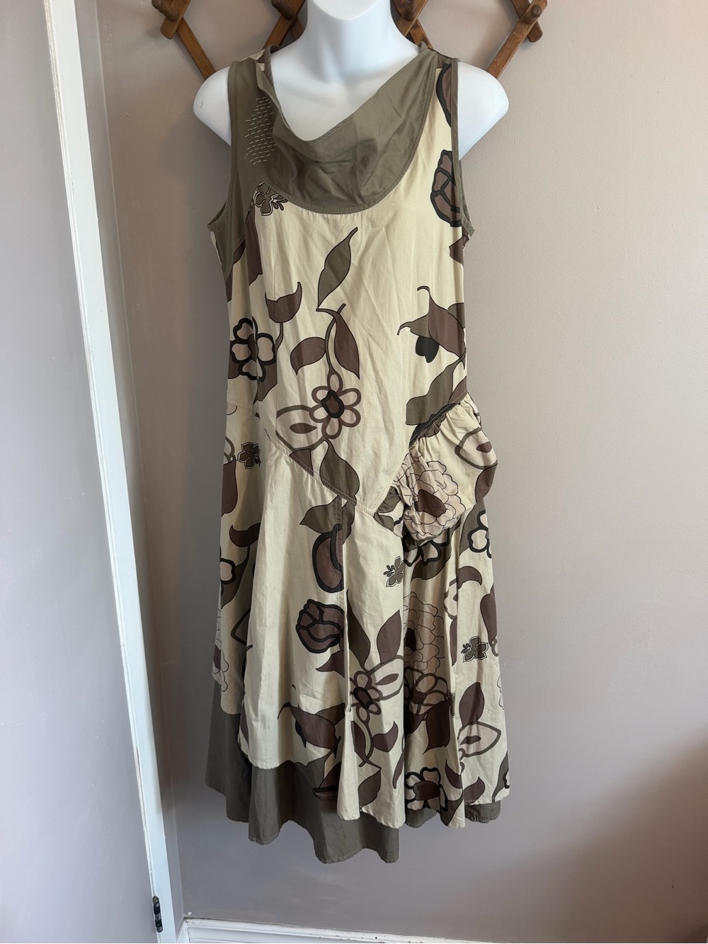 Animale Cotton Lagenlook Cowl Neck Midi Dress Floral Pocket Beige Brown US 8